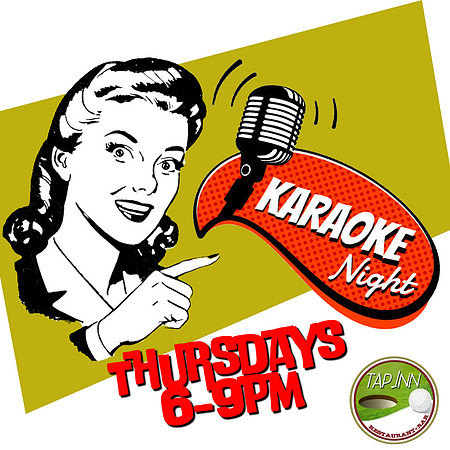 karaoke night thursdays 6 to 9 pm retro lady pointing at microphone karaoke sign tap inn logo jpg